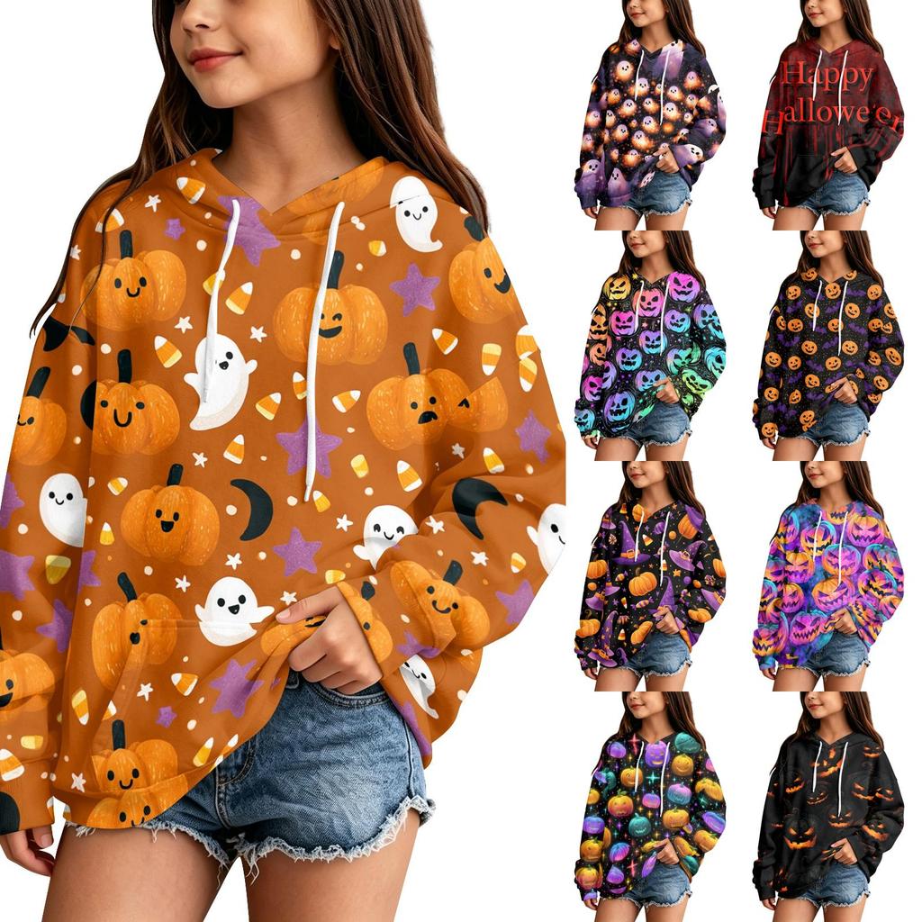 Children's Casual Hoodie with Halloween Print Pullover for Holiday Parties