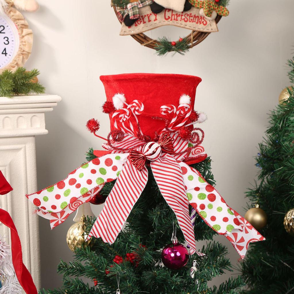 Christmas Tree Topper Hat with Star, Bow, Bell, and Retractable Spring