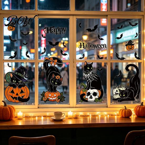 Indoor Halloween Ornament 4 Sheets Black Cat Window Clings, Spooky Pumpkin Reusable PVC Static Decal Sticker, Double Sided Decals for Glass