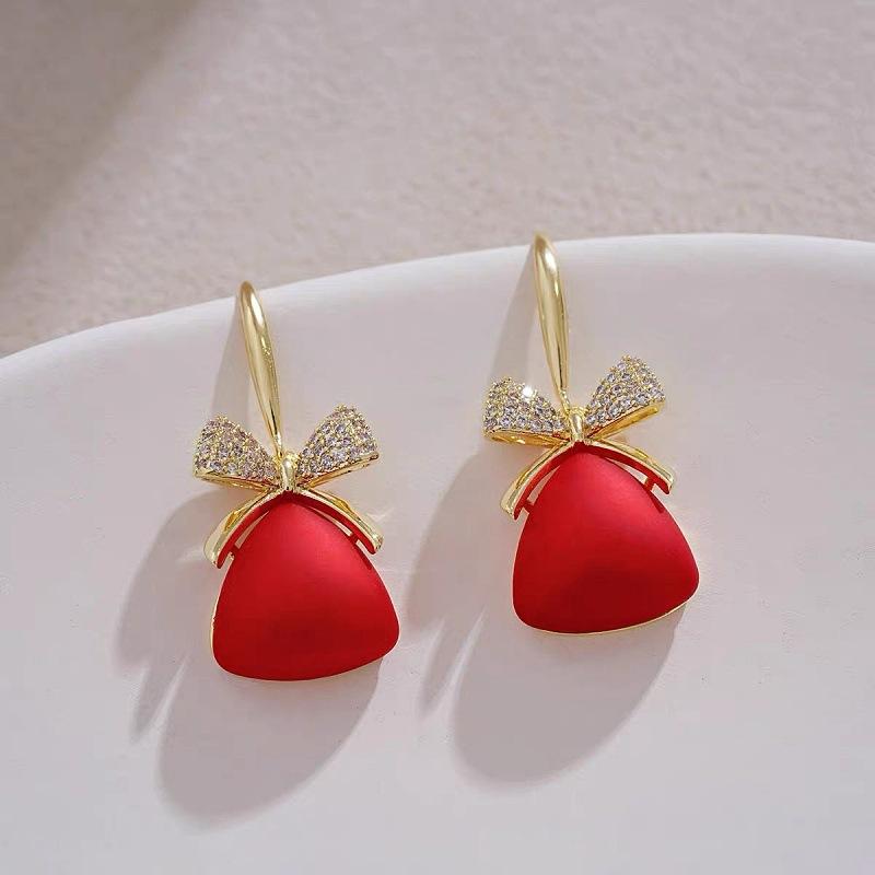 Chinese style red festive lucky bag bow earrings women's niche light luxury fashion earrings high-end earrings