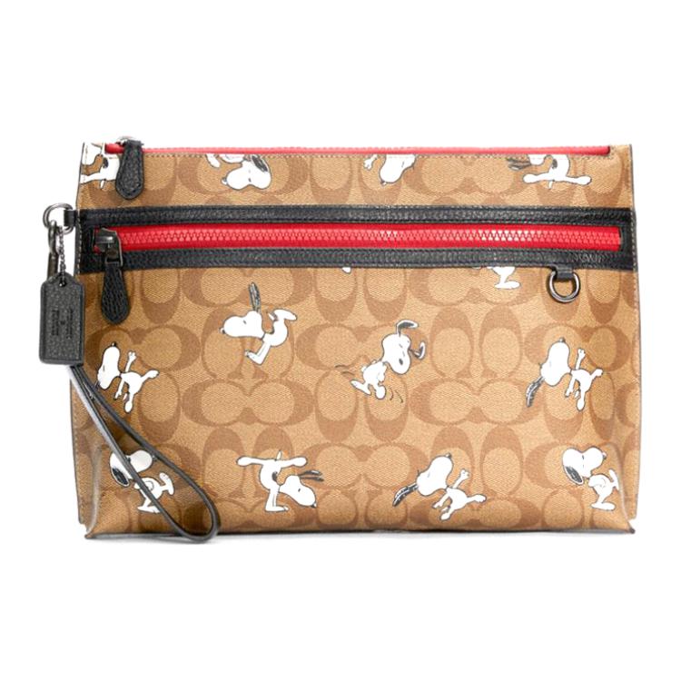 

New COACH SNOOPY X Peanuts Collaboration Pouch Artificial Leather Clutch Large Size Men s Khaki Monogram 5734-QBE7V 29.5*5.6*21.1CM