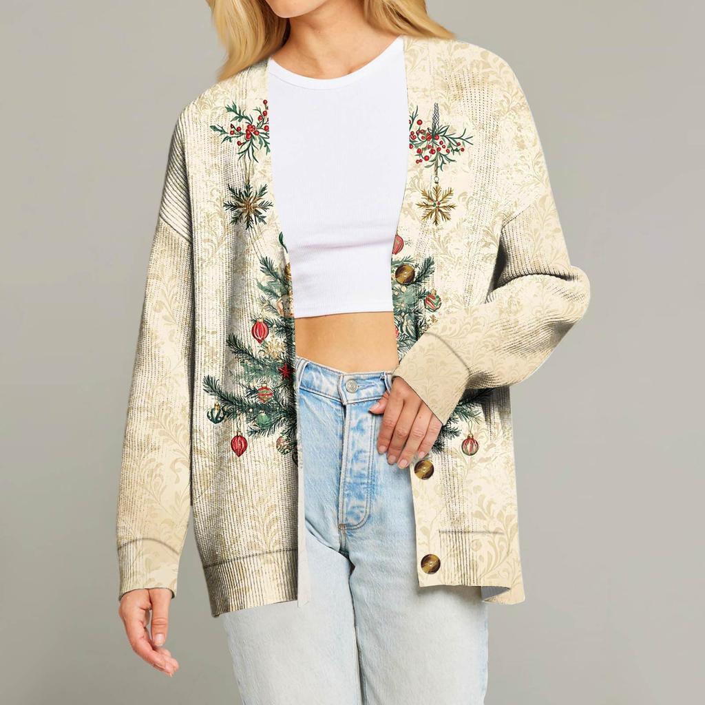 Women's Fashion Long Sleeve Christmas Print V-Neck Button Loose Cardigan Top