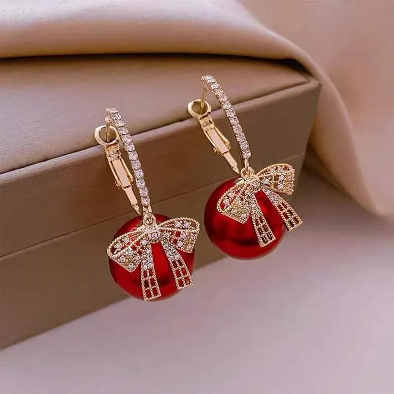 

Luxury Gold Color Crystal Bowknot Pearl Drop Dangle Earring for Women Exquisite Zircon Hoop Earring Korea Jewelry Christmas Gift червоний