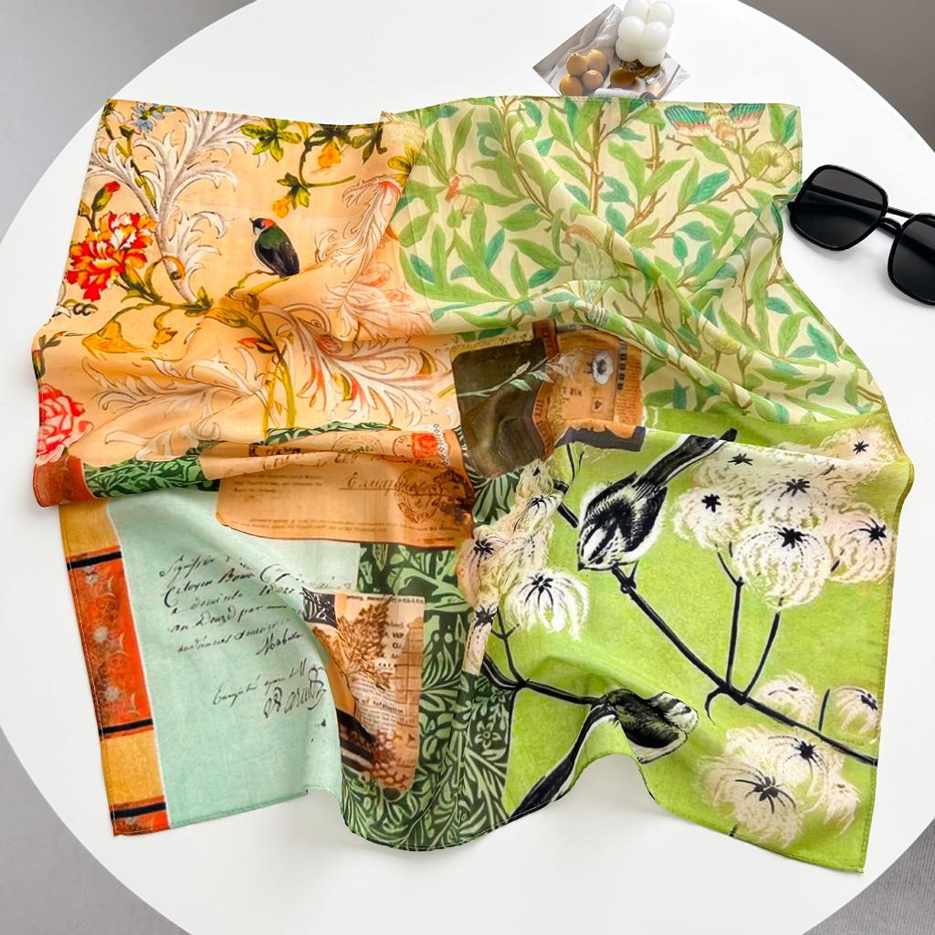 New spring and summer light and breathable 61 * 61cm square scarf versatile printed mulberry silk cotton blended women's silk scarf