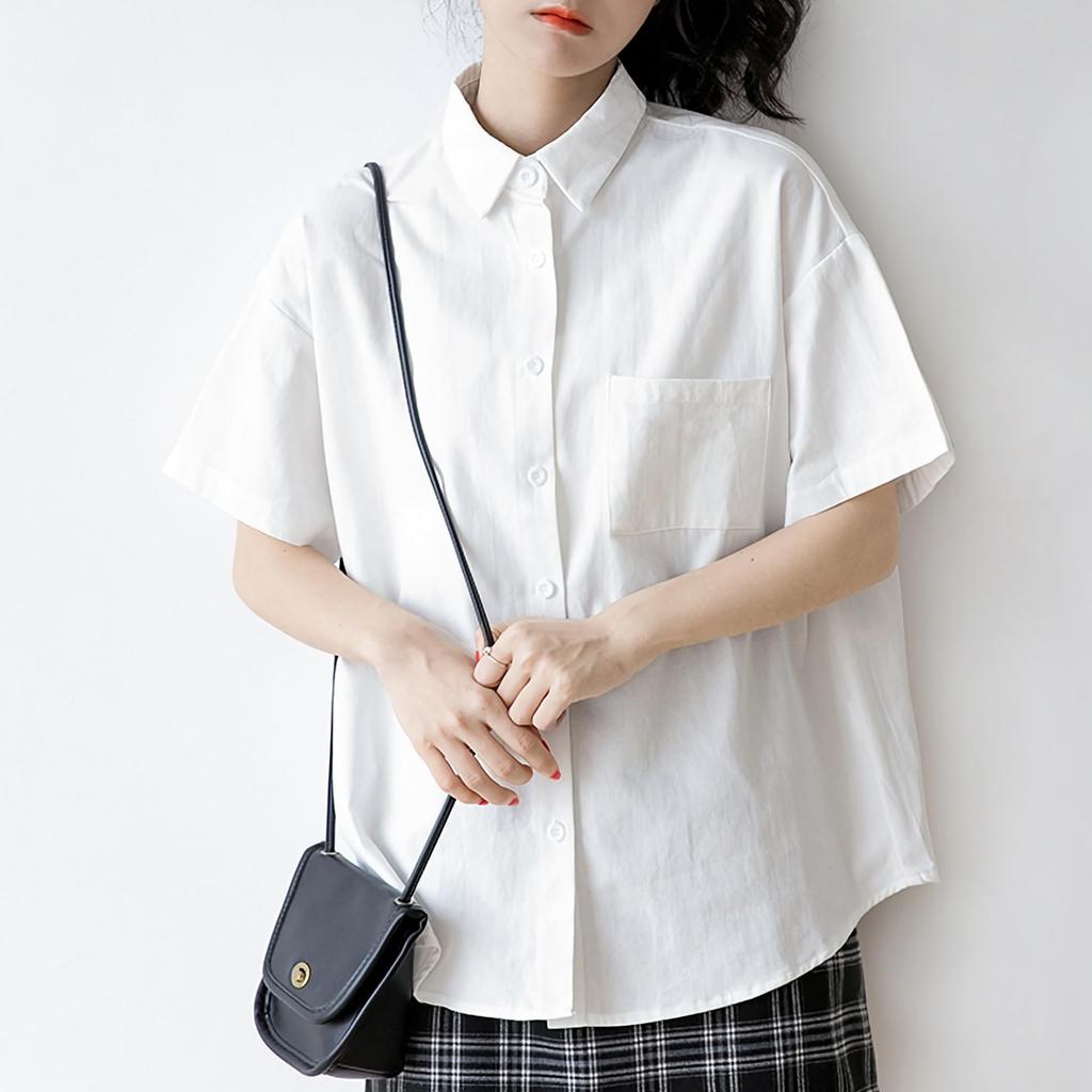 Shirt Blouse Short Sleeve Regular Collar Pocket Collar Simple Plain Spring Summer Autumn Cutter Wide Shirt Solid Tops Office Casual Button [Bubu