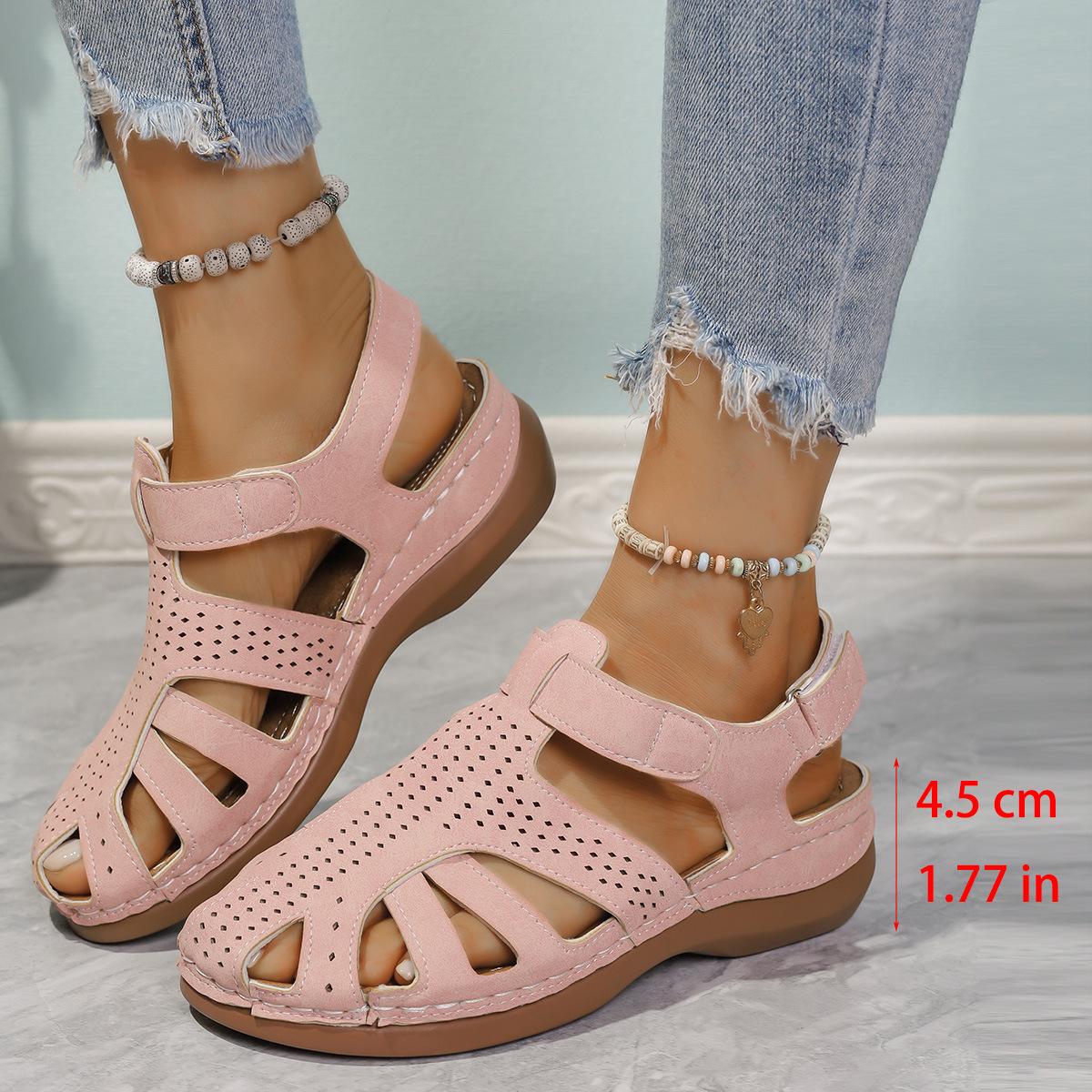 

Новые импортные женские сандалии большого размера в стиле ретро с круглым носком и полым каблуком-танкеткой на липучке, европейские и американские сандалии для женщин 36 розовый