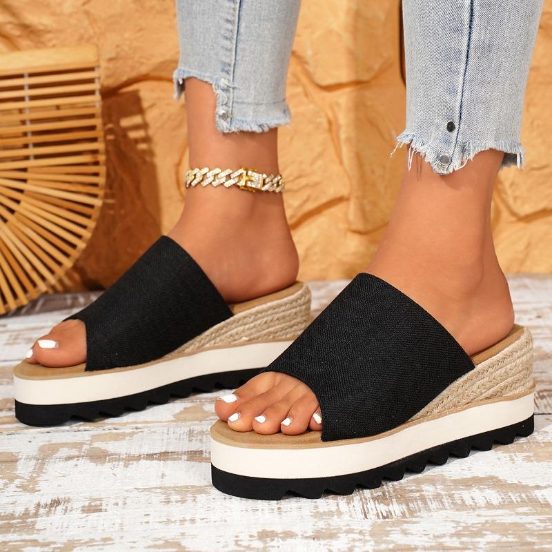 Women's Large Size Summer Canvas Wedge Thick Sole Denim Slide Sandals.