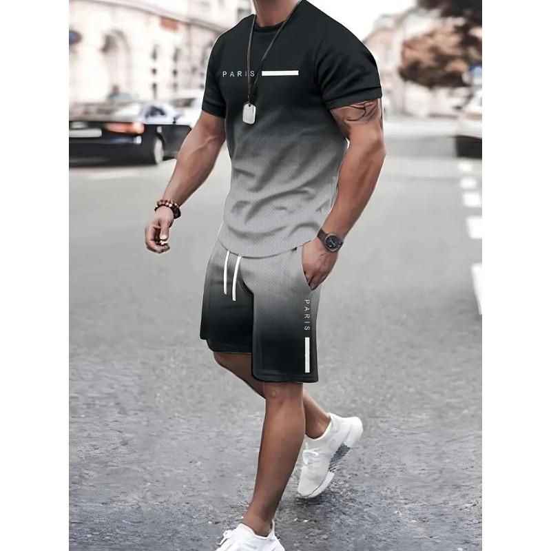Ensemble Sportif Deux Pièces Imprimé 3D pour Homme T-shirt à Col Rond Couleur Dégradée Hauts à Manches Courtes Shorts Décontractés Fitness