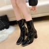 Botas femininas Outono/Inverno Novo Estilo Biqueira quadrada Laca Impermeável Moda ao ar livre Botas de salto curto Botas de salto quadrado da moda