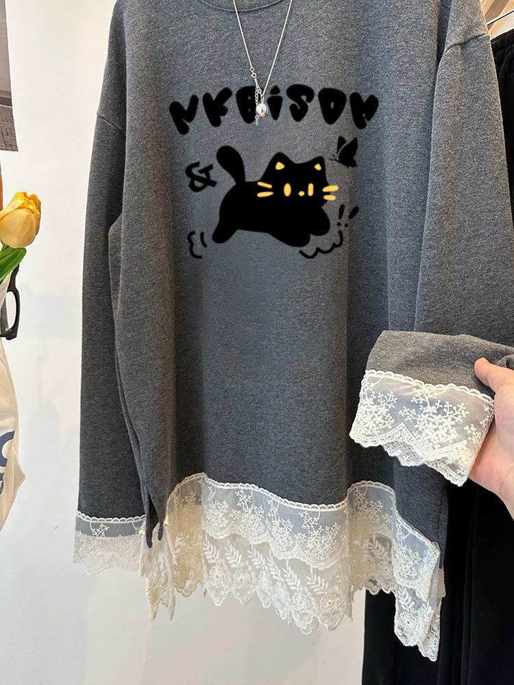 Cross280g Bestselling Plus Size Lace Trim Cartoon Brushed Long Sleeve Women's Loose T-shirt
