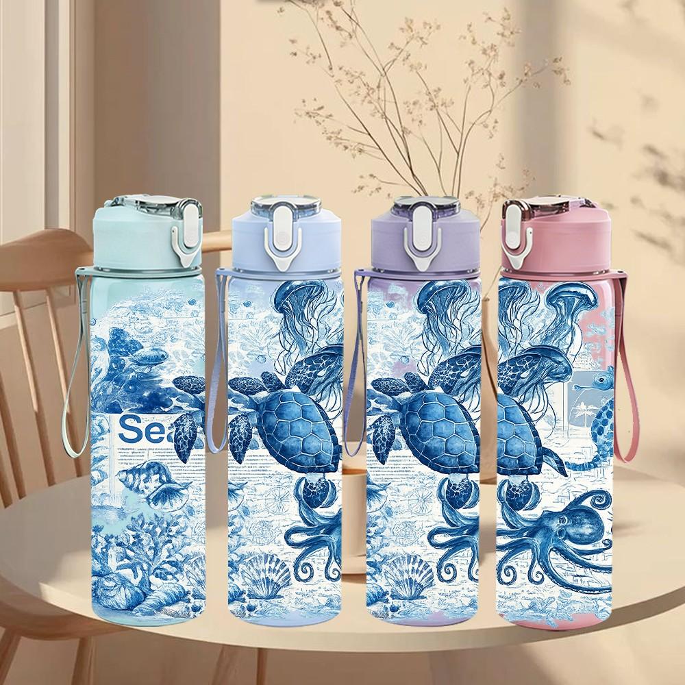 1PC Blue Tone Mermaid Ocean Theme Print 750ml Color Plastic Sports Water Bottle Leakproof Flip Straw Lid Suitable for Sports Office Home Use