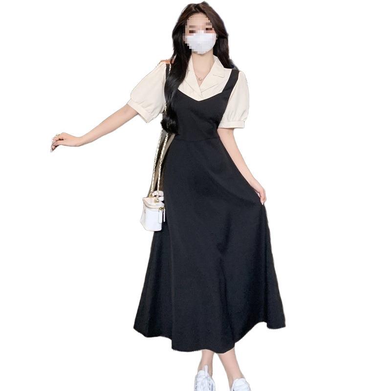 Temperament elegant style fake two-piece bubble sleeve dress female summer fat sister covering meat and showing thinness contrasting color A-shaped l