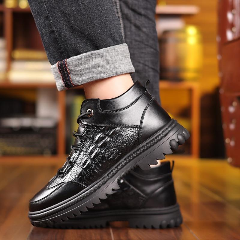 Crocodile Pattern Winter New Cotton Boots Men's Leather Lace-up Velvet Thermal Casual High-top Leather Boots