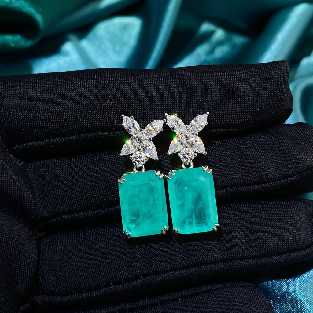 Oval  Silver Four-leaf Clover Rectangular Earrings Paraiba Earrings 10*14 Fashion All-match Jewelry Party Gifts
