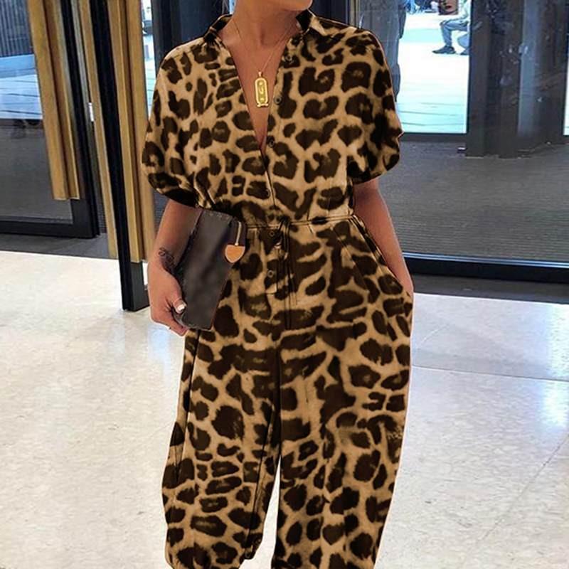 VEZFAA Women's Fashion Casual Summer Spring Leopard Print Short Sleeve V-Neck High Waist Trousers Jumpsuits & Rompers