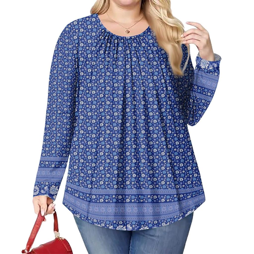 Women's Plus Size Fashion Printed Casual Pleated Round Neck Long Sleeve Top