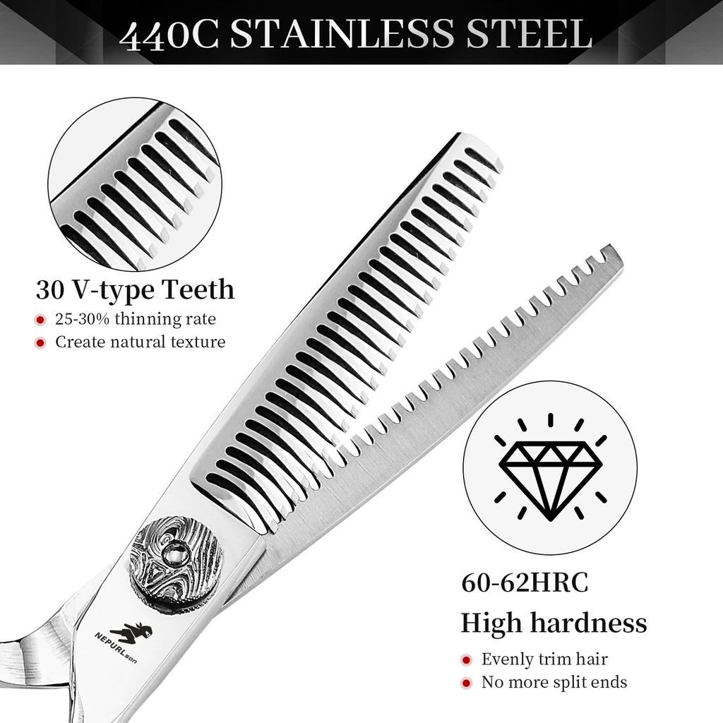 6.0 Inch 440C Double-Sided Tooth Scissors, Hair Scissors, Flat Scissors, Bangs Scissors, Tooth Scissors, 15% Thinning.