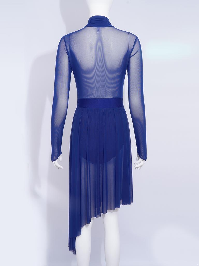 Damen Lyrical Tanzkleid S-XXL: Transparenter Netzstoff Langarm mit glitzernden Strasssteinen & Eingearbeiteten Schrittknöpfen Höschen Rüschen Design