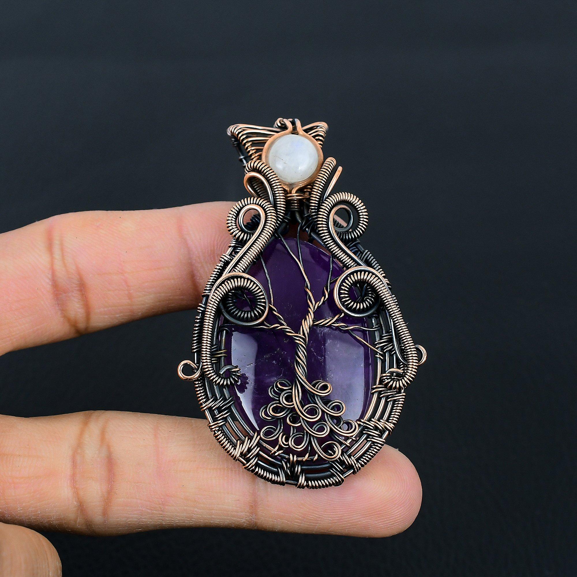 

Ювелирные изделия ручной работы из чистой медной проволоки с аметистом и лунным камнем, обернутые ювелирными изделиями для женщин 2.56 Inches фиолетовый