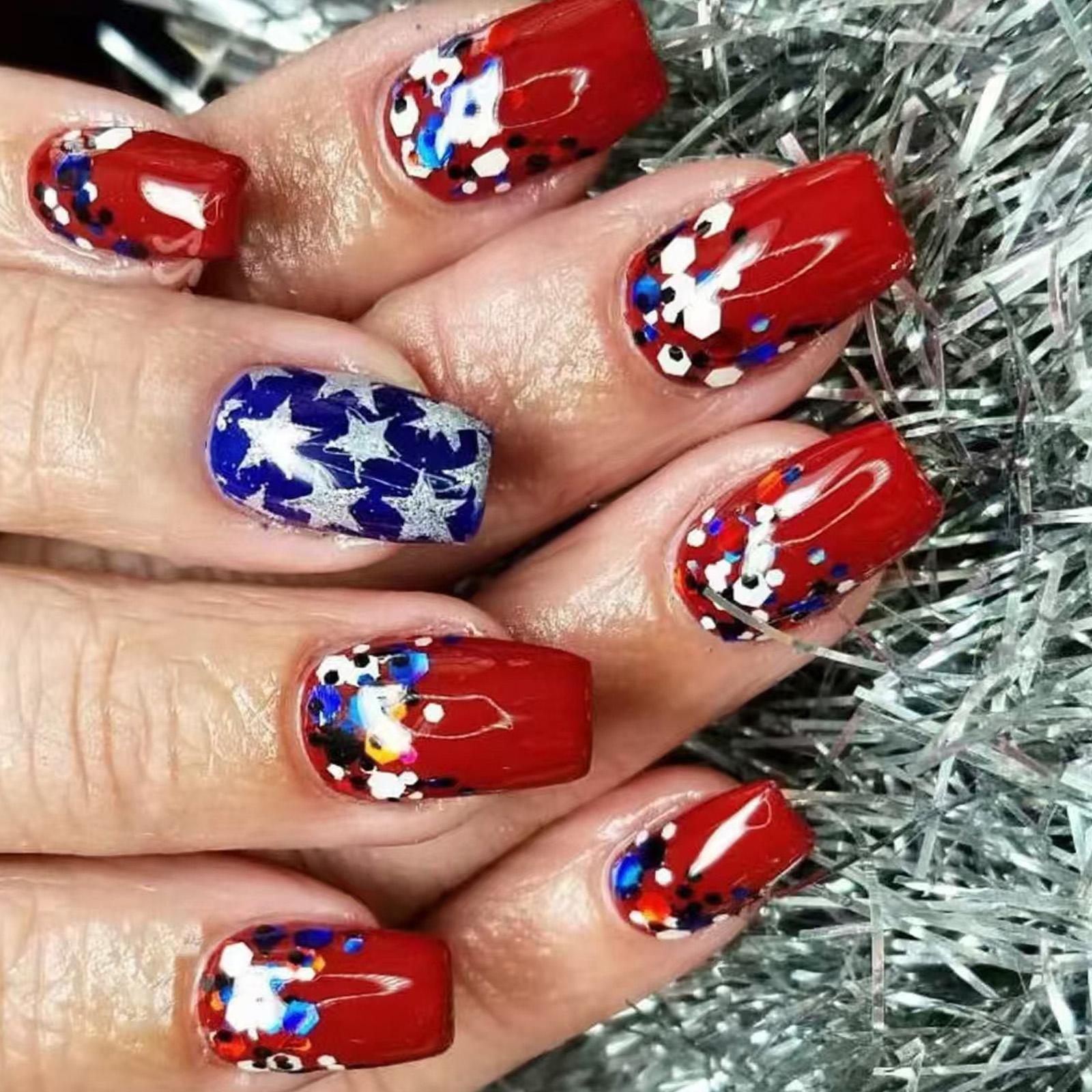 24Pcs Patriotic American Flag Designs Press On Nail for Independence Day Full Cover Acrylic Nail Manicure Nail Decors 1