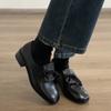 Retro British Leather Round Head Bow Flip Tongue Loafers Women's 2025 Spring New Thick Heel Small Leather Shoes Single Shoes