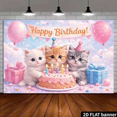 2D Cat & Cake Happy Birthday Backdrop Banner Pink Blue Party Photo Booth Background
