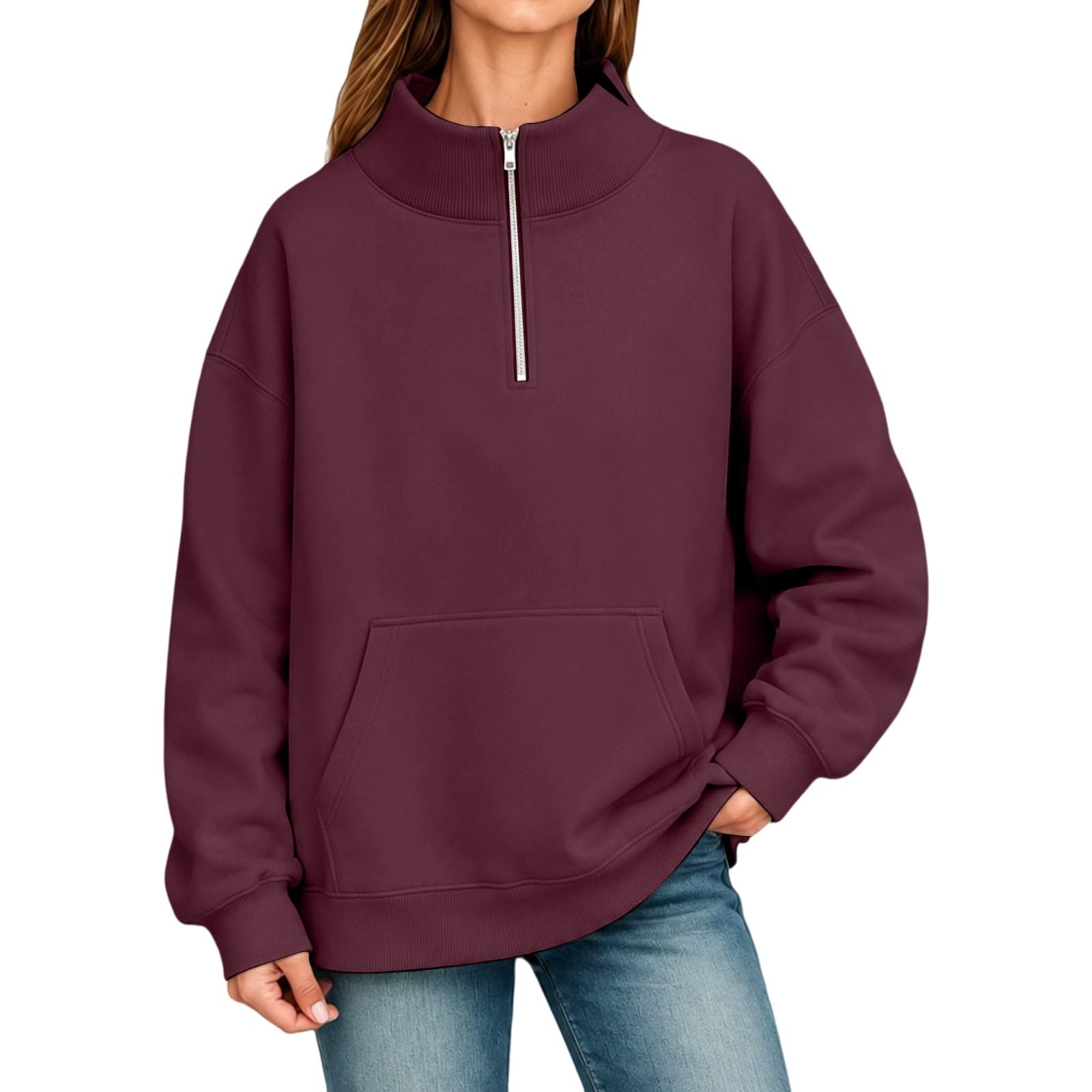 Women s Color Zip-Up High Neck Hoodie with Pockets, Loose Fit Casual Sweatshirt XXL винный