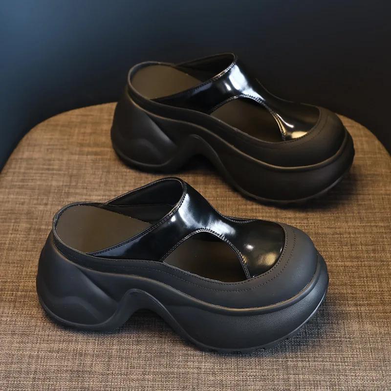 

Fashion 9CM Synthetic Microfiber Leather Women Sandals Summer Hollow Bling Vulcanize Slipper Platform Wedge Flats Chunky Sneakers Shoes 39 чёрный