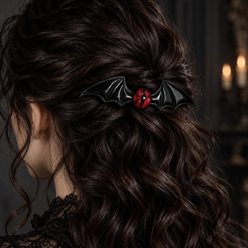 Gothic Hair Clip Set of 2 with Bat Wing Shape and Raised Red Eyeball Decors, Cosplay Barrettes for Theme Party, Stage Show and Party Photo