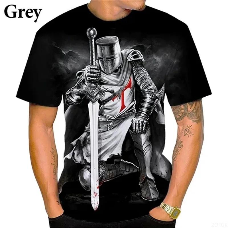 Summer 3D Printed Templar Pattern T-shirt Cross Pattern Printed Personalized Street Short Sleeve Top Men's Casual Fashion Round Neck Clothing