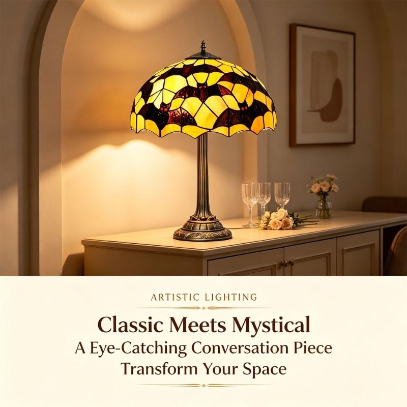 Bat Accent Lamp for Bedroom Desk Shelf with Warm Yellow Shade, Dark Style Home Light for Halloween Display, Side Table, and Room Setup