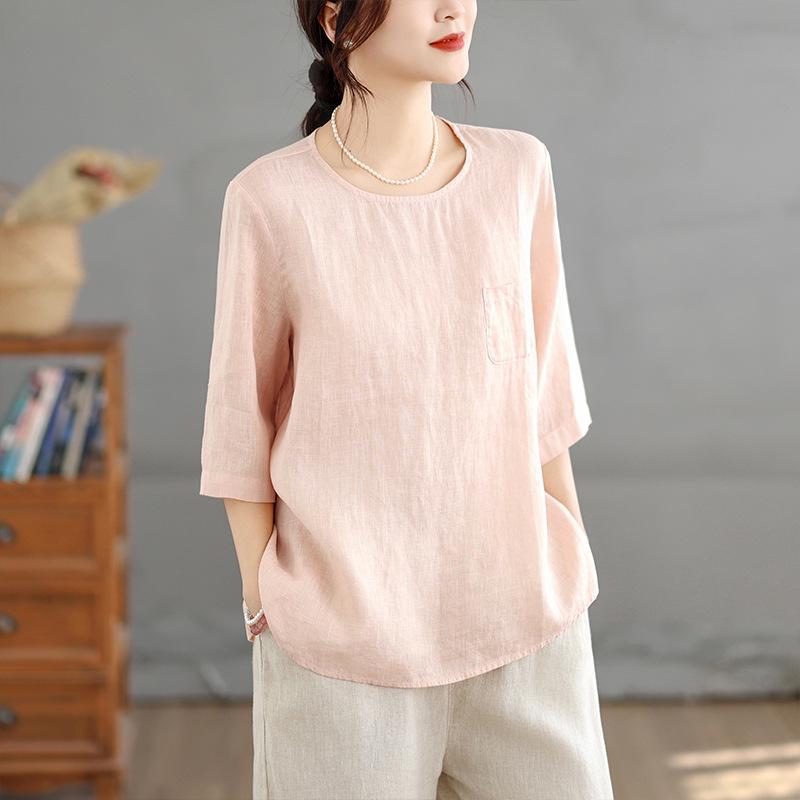 

Summer 2026 Women s Artistic Cotton Linen T-shirt with Pocket Design Medium розовый
