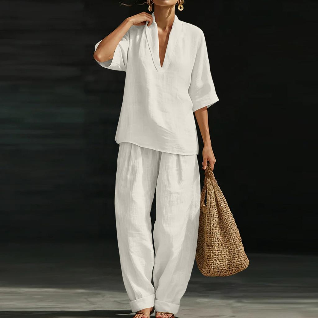 Women's Casual  V-neck Pullover Top With Loose Waist Pants Set