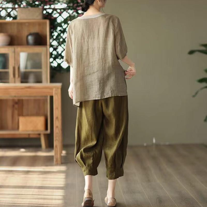 Blusen aus Baumwollleinen mit Blumenstickereien für Damen, klassisch, lockeres chinesisches Hemd, Oberteil, lässig, Retro, Rundhalsausschnitt, kurzärmelig, Sommerhemden