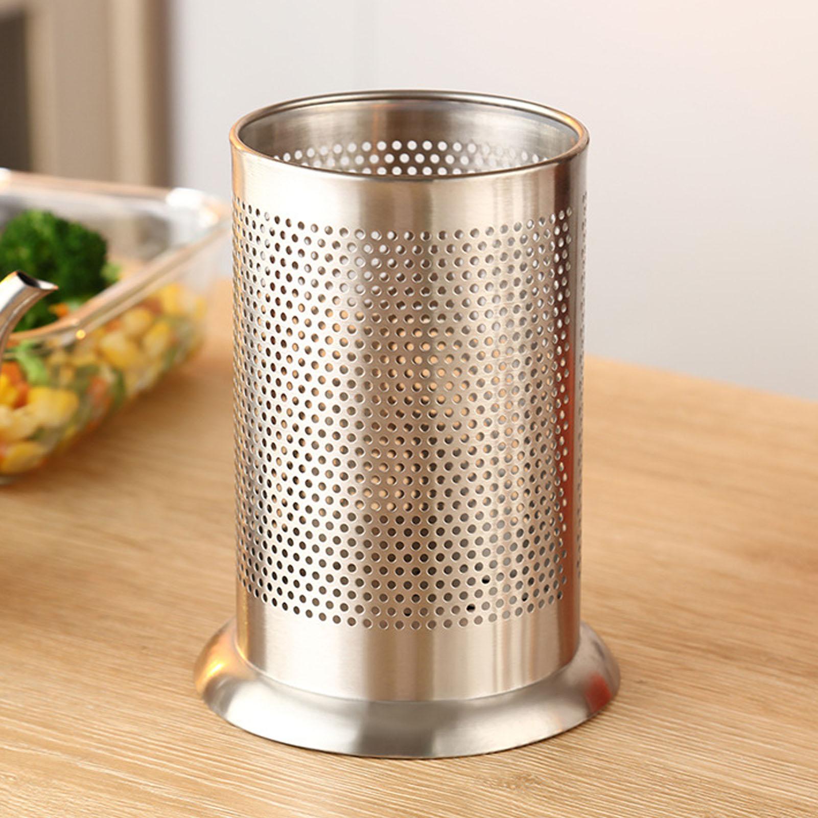 

Utensil Holder with Drain Holes Stainless Steel Utensil Crock for Chopsticks Cutlery Straws