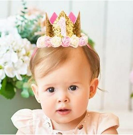 Cross-Border 1st Birthday Crown Headband: Princess Gold & Pink Party Accessory for Girls