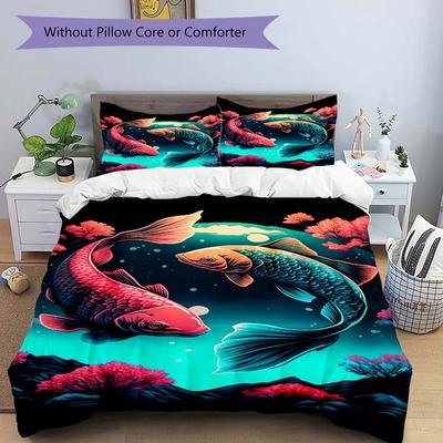 3Pcs Koi Fish Harmony Bedding Set Quilt Cover Pillowcase Home Christmas Xmas Halloween Gift 1 Duvet Cover 2 Pillowcase M924390