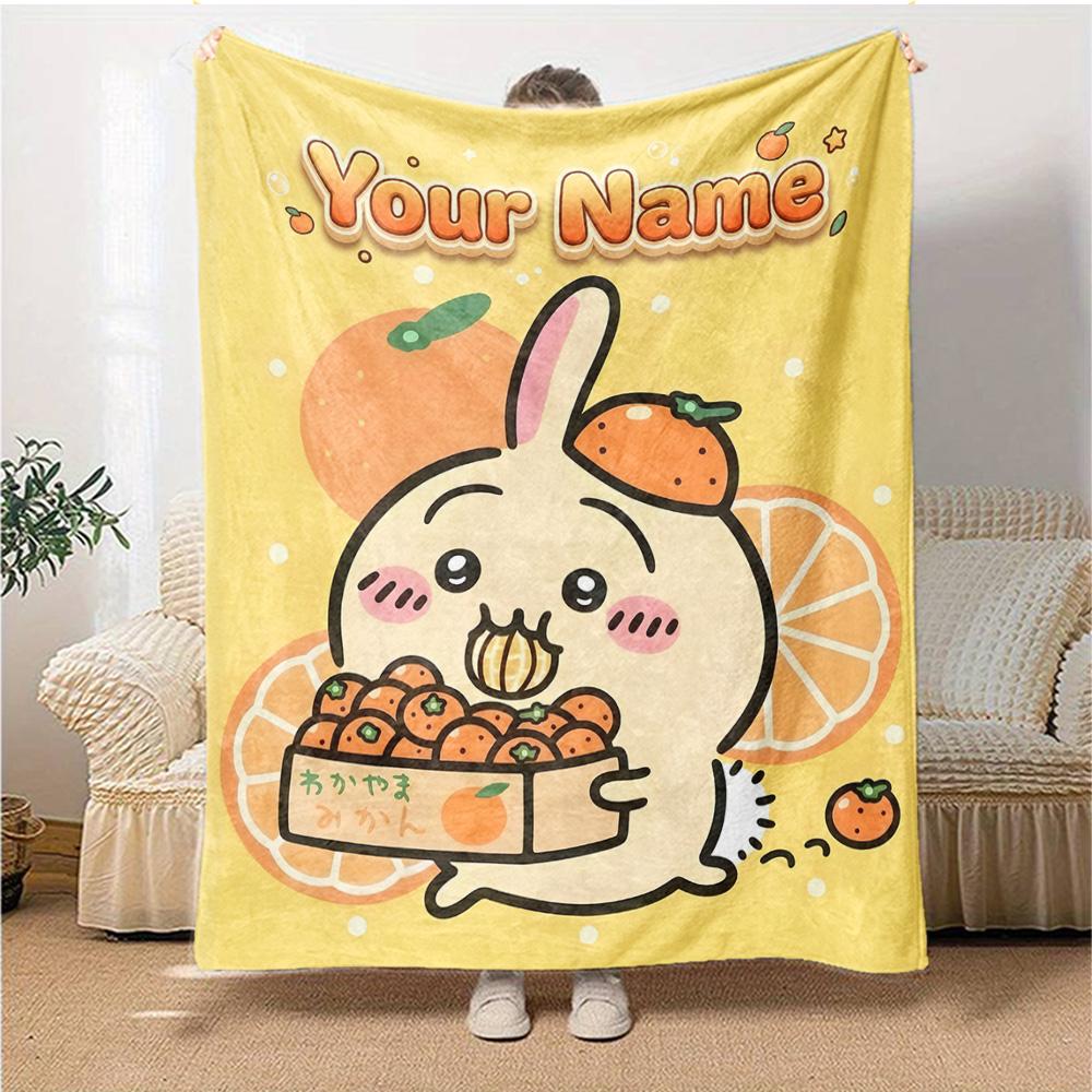 1pc Chiikawa Blanket with Custom Name, Gift, for Men and Women, Soft Blanket, Good for Sofa Bed Couch Travel, Lightweight Flannel Blanket
