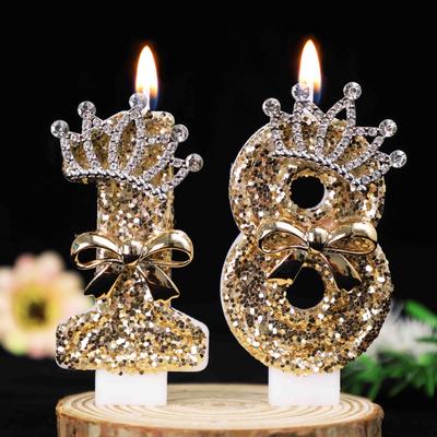 Glitter Golden Crown Number Birthday Candles, Rhinestone Bow Cake Topper for 18th Birthday, Party, Wedding, Anniversary Decoration