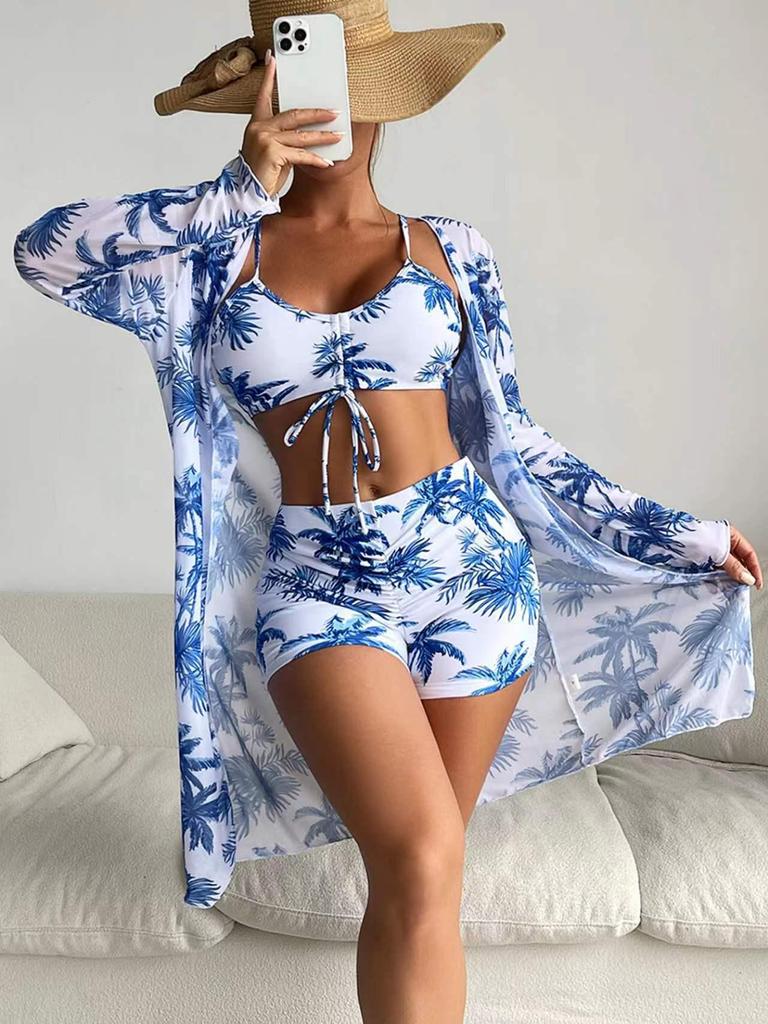 Mingyi European Mesh Blouse & Sexy Leg-Length Pants Three-Piece Swimsuit