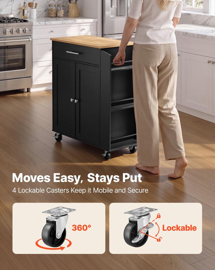 VEVOR Carrello Isola Cucina con Contenitore, Largo 795 mm Isola Mobile con Ruote Girevoli, con Cassetto, Armadietto, Porta Spezie/Porta Asciugamani