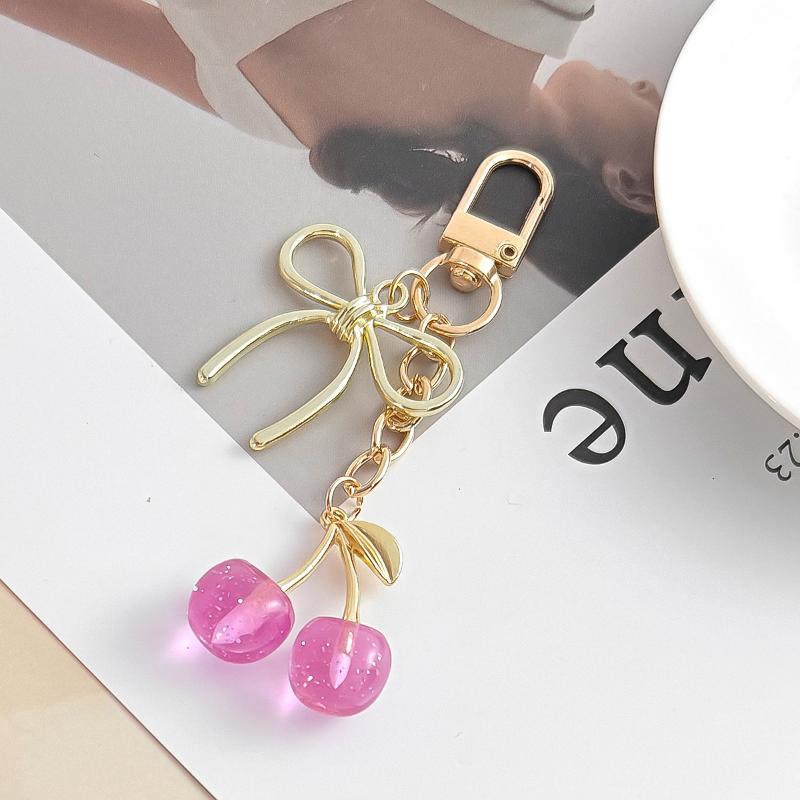 Cute Cherry Keychain With Pearl And Heart Charm Resin Fruit Pendant Bag Accessory For Women Girls