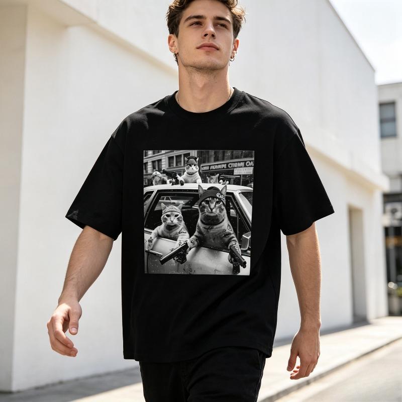 Gangster Tattoo Cats In Car Graphic T Shirt Casual Funny Animal Streetwear Short Sleeve Tee