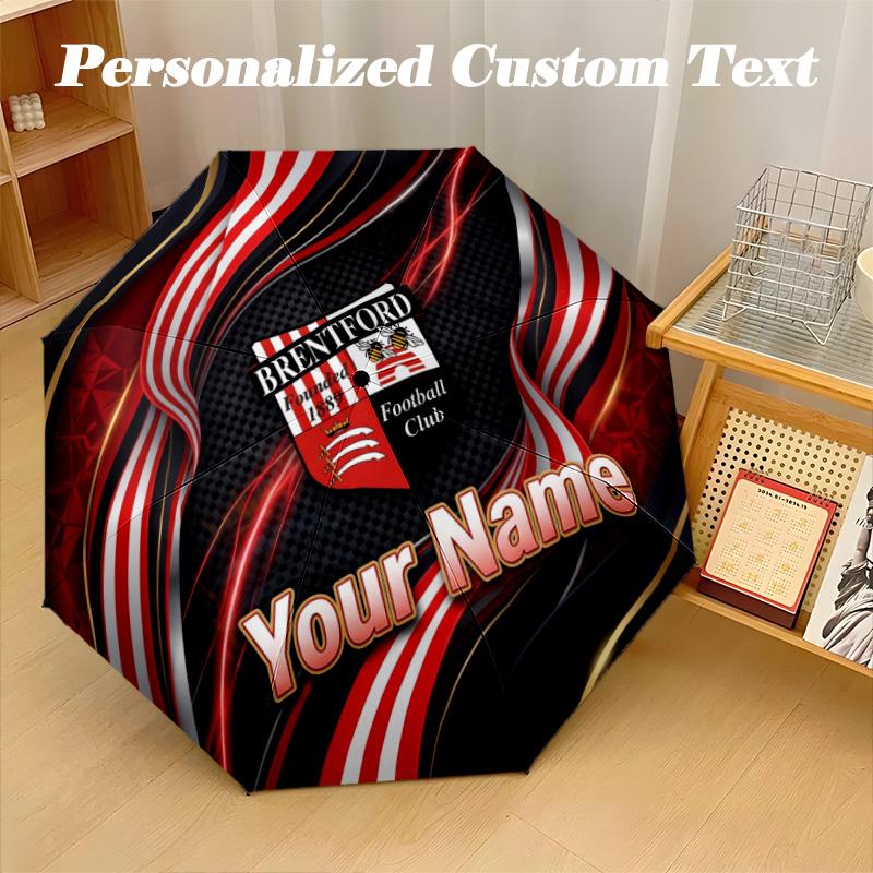 8 Rib Auto Folding Umbrella Brentford Football Print Custom Name Text Portable Rain Gear