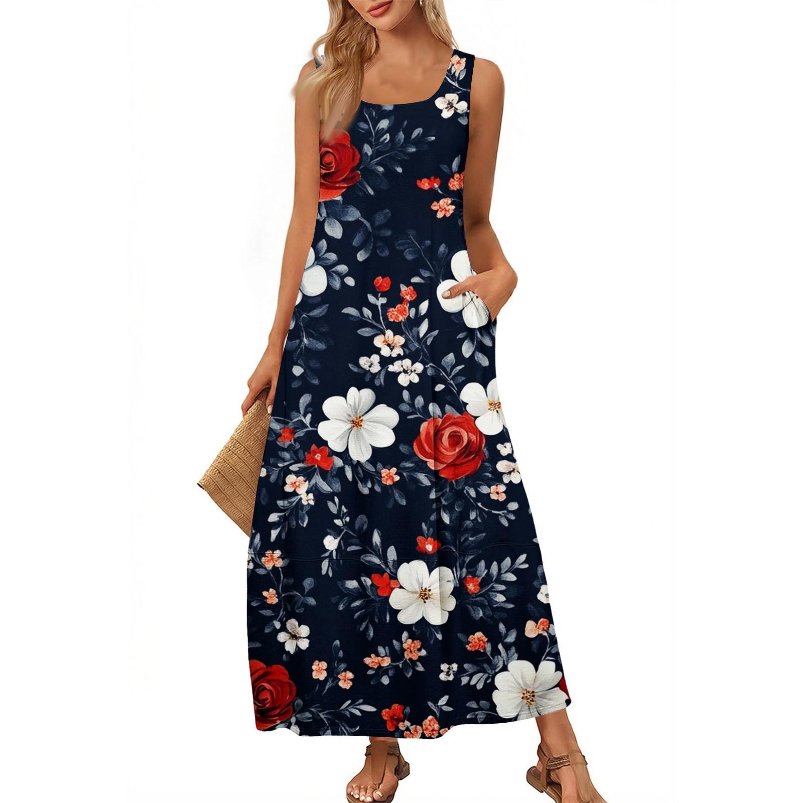 Женский повседневный длинный сарафан, летнее пляжное платье, круглый вырез, без рукавов, свободный сарафан XL