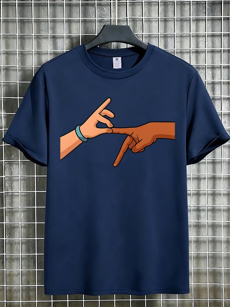 Unisex Navy Cotton Tee Creation Hands Michelangelo Inspired Graphic Print Crew Neck Short Sleeve Summer Art Casual Male Street Wear