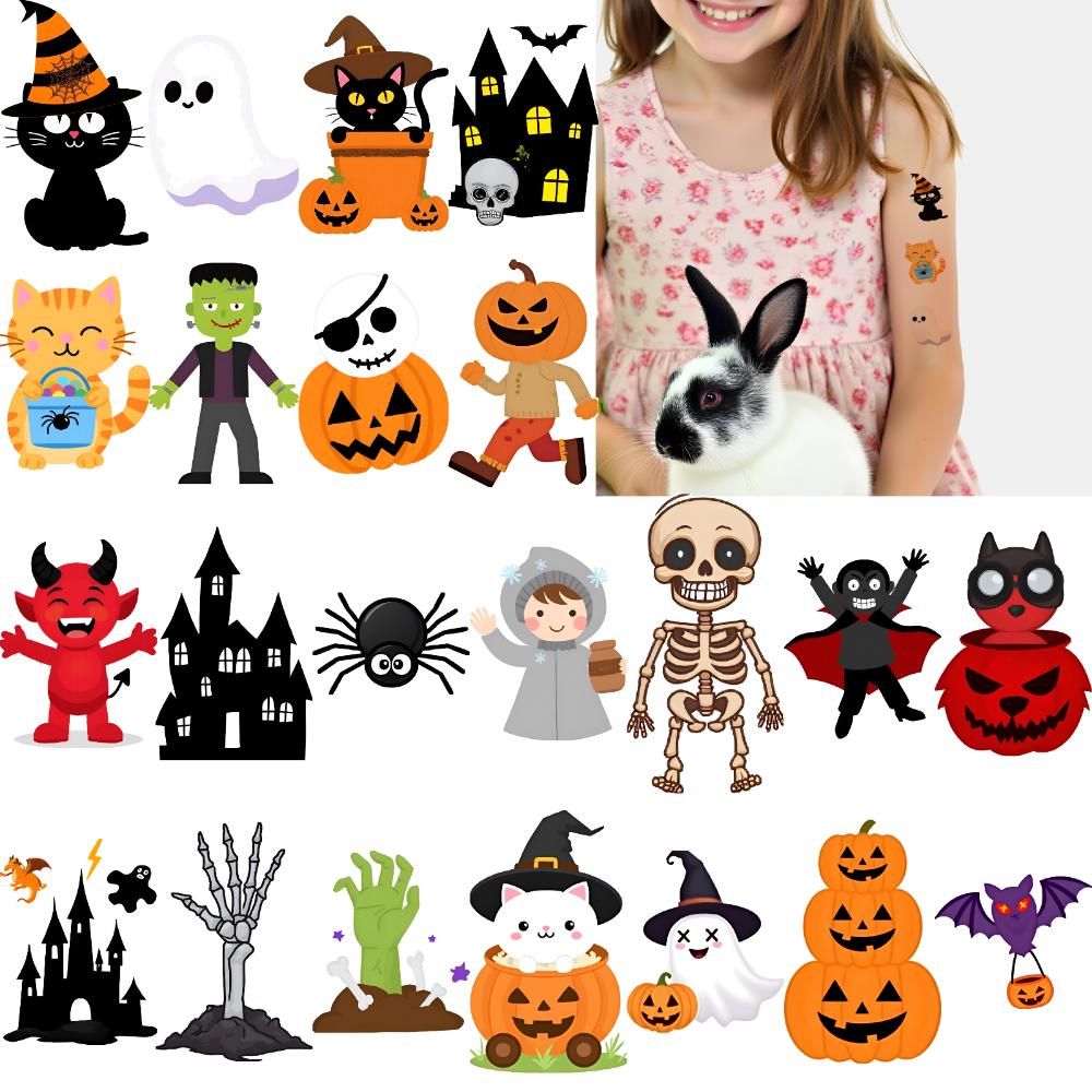 54pcs Temporary Tattoo Halloween Characters Waterproof Long-lasting Body Stickers Cute Monsters Cartoon For Children Girls