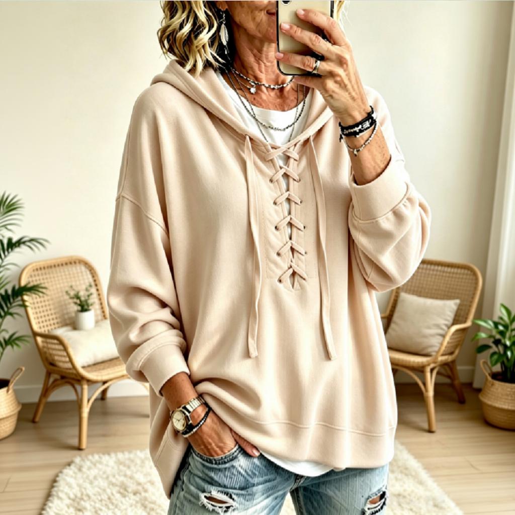 Women's Casual Pullover Hoodie, Loose Fit, Drop Shoulder, Color