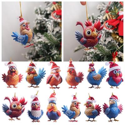 Cartoon 2D Flacher Hahnenanhänger Niedliches Cartoon-Weihnachtshahn-Ornament Acryl Auto-Hahn-Anhänger Weihnachtsbaum-Dekoration