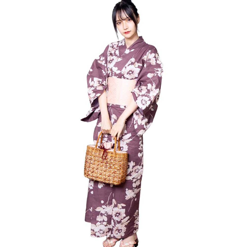 

Yukata White Dark Overflowing Japanese Easy to Tie Thong Geta One Size Fits Most [RAVIR] Women s 3-Piece Set, Flowers, Colors, Clothes, Dress, Obi,